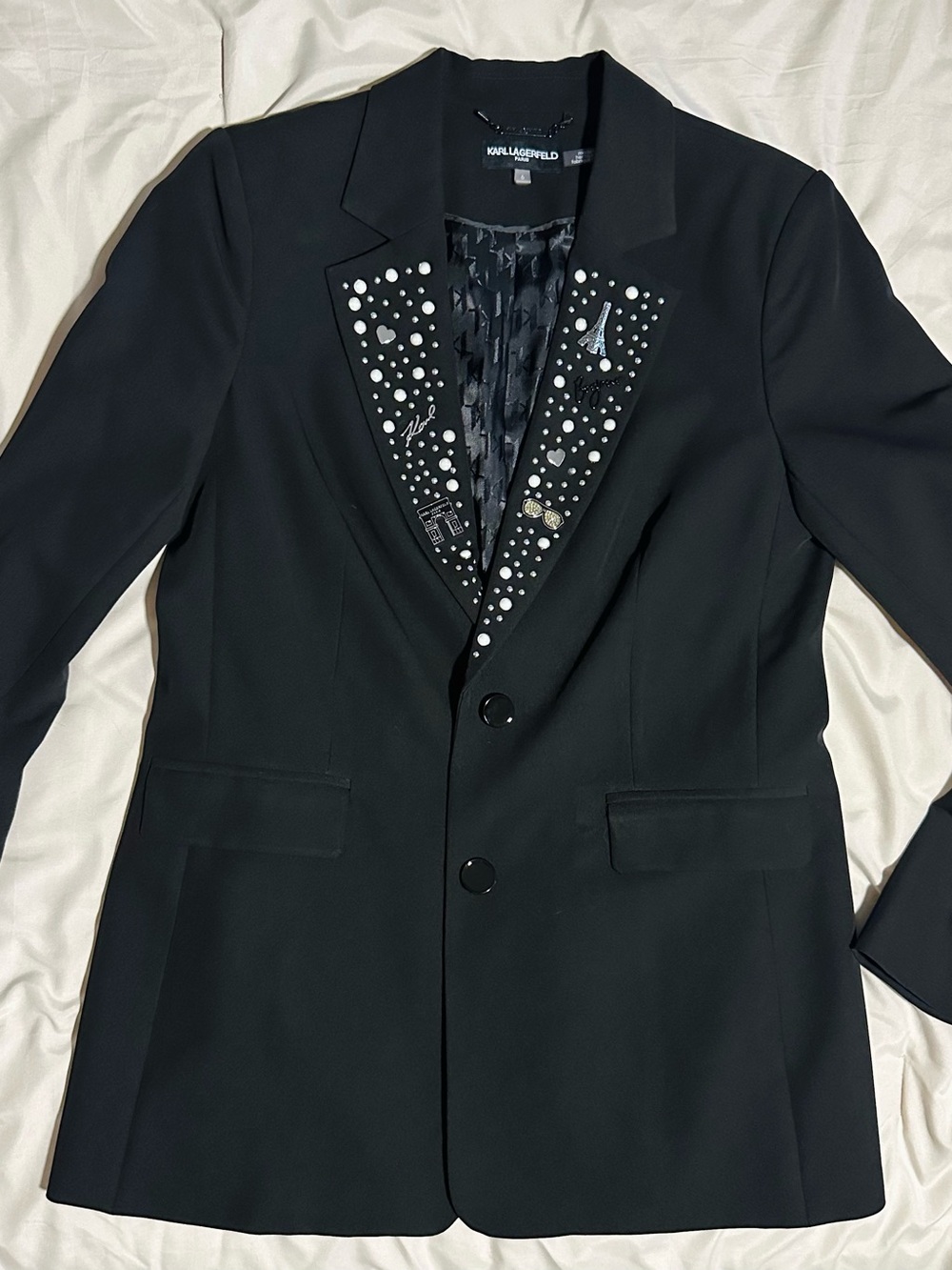 Karl Lagerfeld Black Blazer with Embellished Notch Lapels